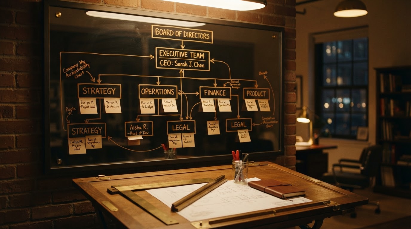 Organizational accountability chart drawn on a glass whiteboard with amber marker, sticky notes, and connecting lines showing reporting structure