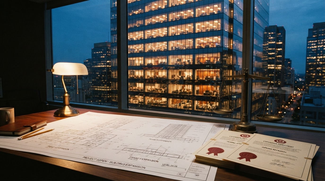 Modern corporate office building at dusk with warm amber window lights and architectural blueprints in the foreground