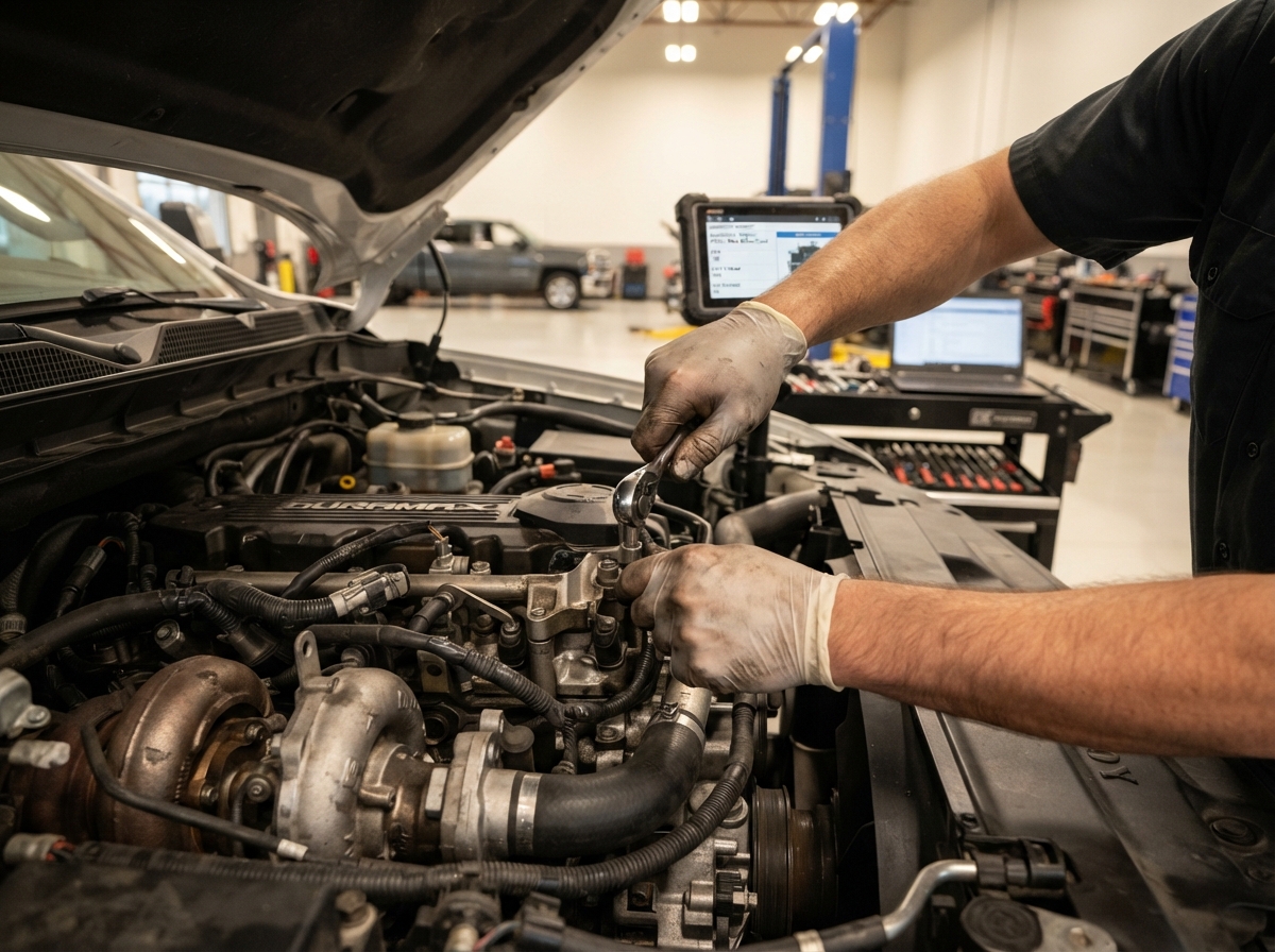Technician working on a diesel pickup truck engine at The Austin Diesel Specialists