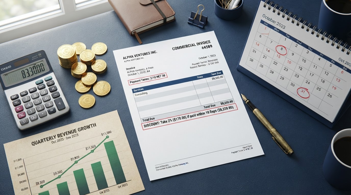 A navy blue desk with an invoice document showing 2/10 net 30 early payment discount terms, a calculator, a calendar with day 10 and day 30 circled, a gold fountain pen, stacked gold coins, and a financial growth chart — representing early payment discounts and net terms.