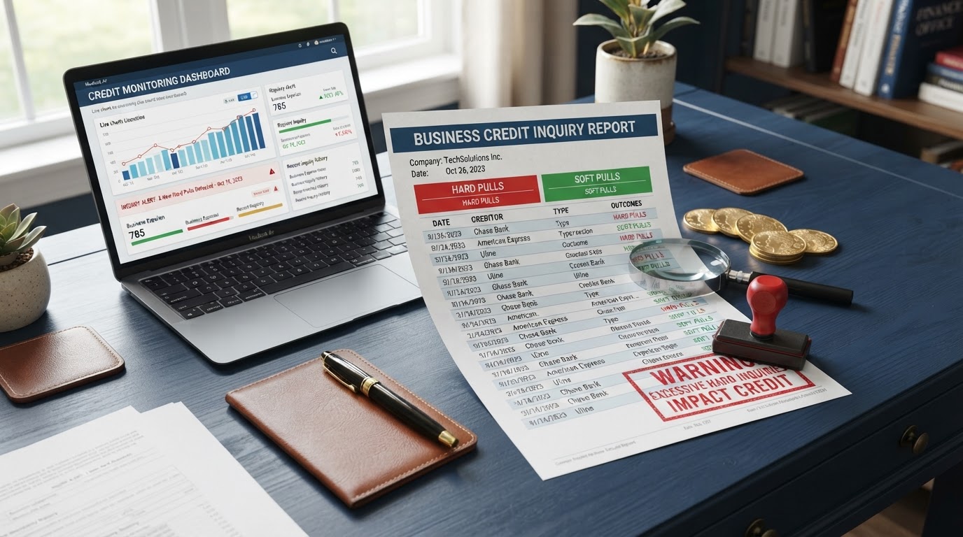 A navy desk with a business credit report document showing credit inquiry records with hard and soft pull indicators, a laptop displaying a credit monitoring dashboard with inquiry alerts, gold coins, a gold fountain pen, a magnifying glass, and a red warning stamp — representing business credit inquiries hard vs soft pulls.