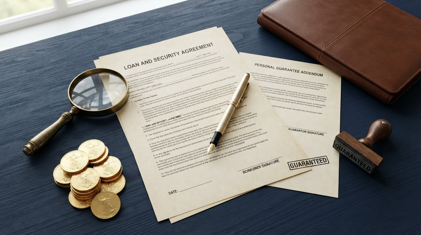 A navy blue desk with a business loan contract document showing a signature line at the bottom, a personal guarantee addendum page beside it, a gold fountain pen, a magnifying glass over fine print, a stack of gold coins, a closed leather portfolio folder, and a rubber stamp reading GUARANTEED — representing personal guarantees on business loans.