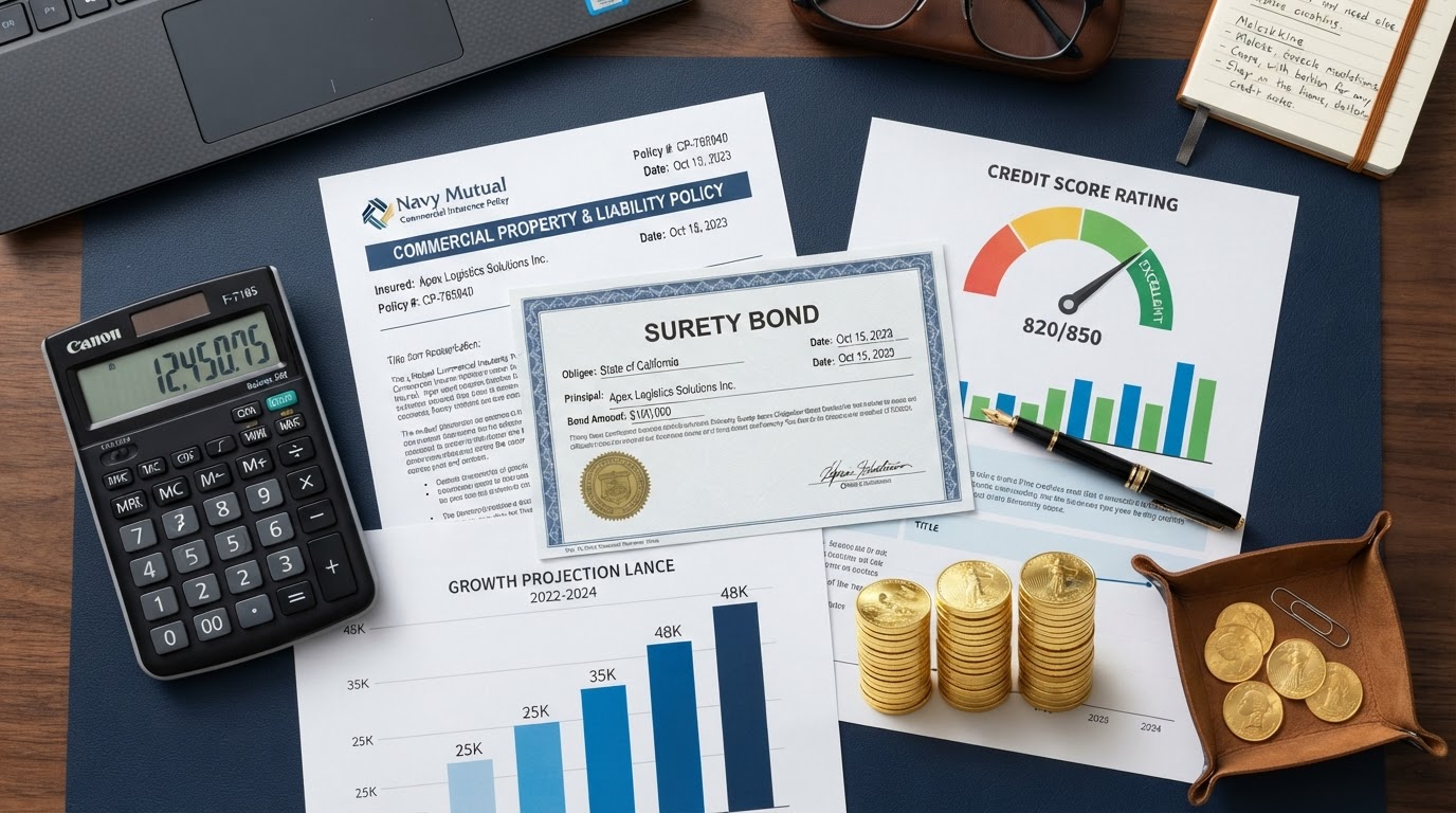 A navy blue desk with a commercial insurance policy document, a surety bond certificate, a credit score gauge showing a high score, a calculator, a gold fountain pen, and stacked gold coins beside a growth chart — representing how business credit affects insurance premiums and surety bonds.