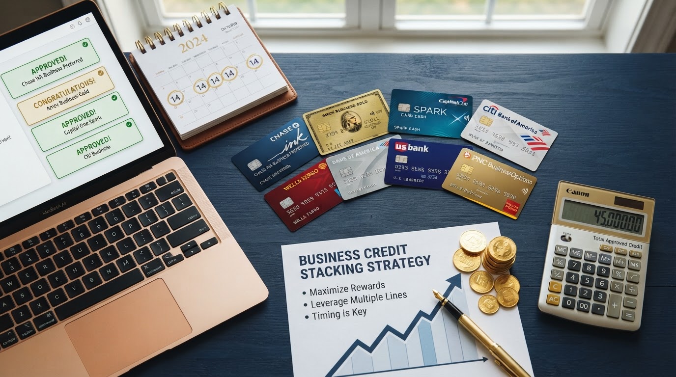 A navy blue desk with several business credit cards fanned out from different banks, a laptop showing multiple credit card approval screens, a calendar with same-day dates circled, a gold fountain pen, stacked gold coins, a financial growth chart document, and a calculator — representing business credit card stacking strategy.