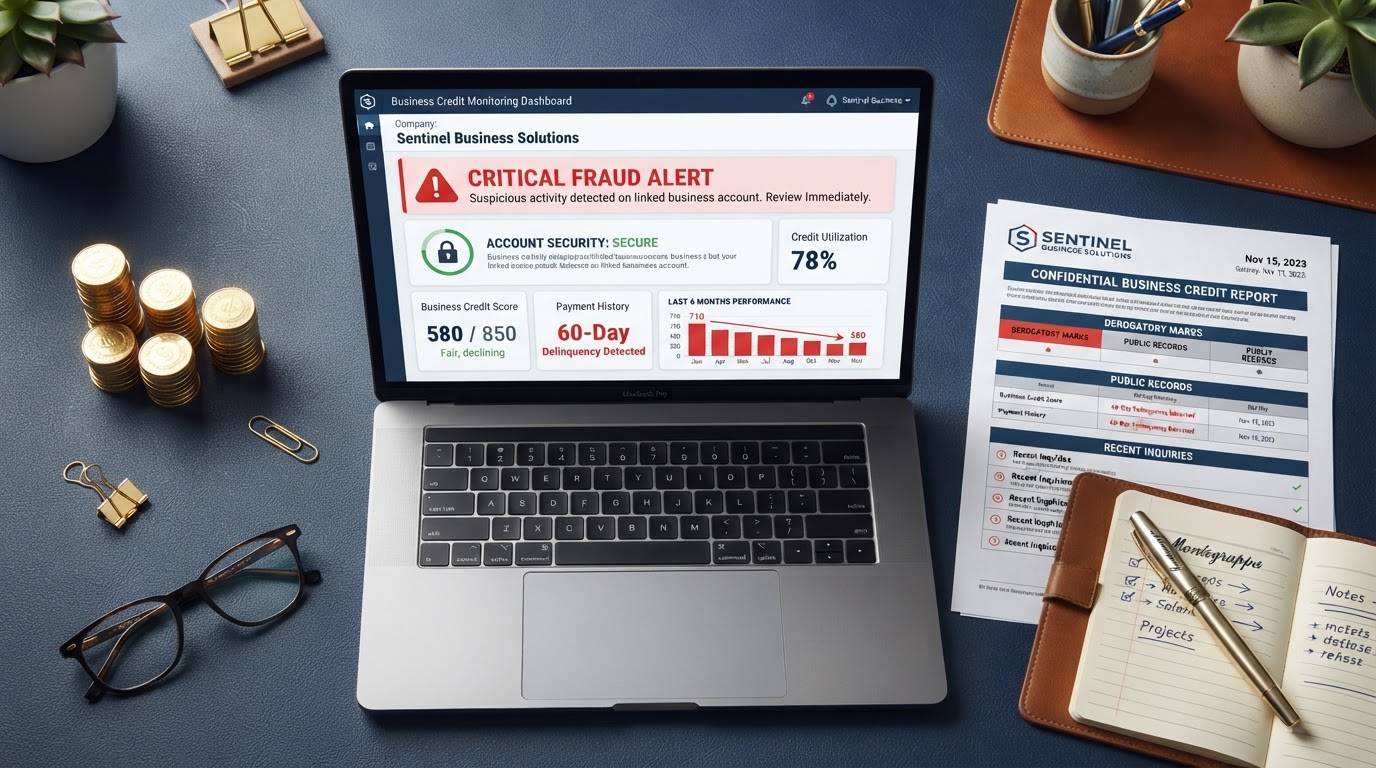 A navy blue desk with a business credit monitoring dashboard showing a red fraud alert notification, a lock icon representing security, a credit report document, a gold fountain pen, stacked gold coins, and a growth chart — representing business credit fraud and identity theft protection.