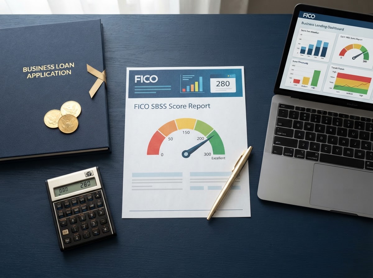 A navy desk with a FICO SBSS score report document showing a 0-to-300 gauge dial, a laptop displaying a small business lending dashboard, a gold pen, gold coins, a financial calculator, and a closed business loan application folder — representing the FICO Small Business Scoring Service score.