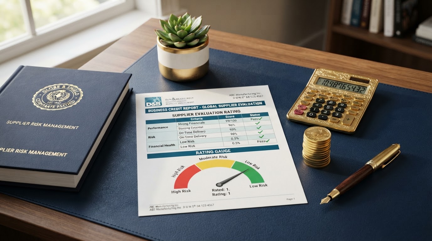 A navy desk with a detailed Dun & Bradstreet business credit report document showing a Supplier Evaluation Risk rating matrix with a 1-to-9 gauge and green checkmarks, a gold calculator, stacked gold coins, a gold pen, a corporate binder with a gold seal, and a small green plant — representing the D&B Supplier Evaluation Risk Rating.