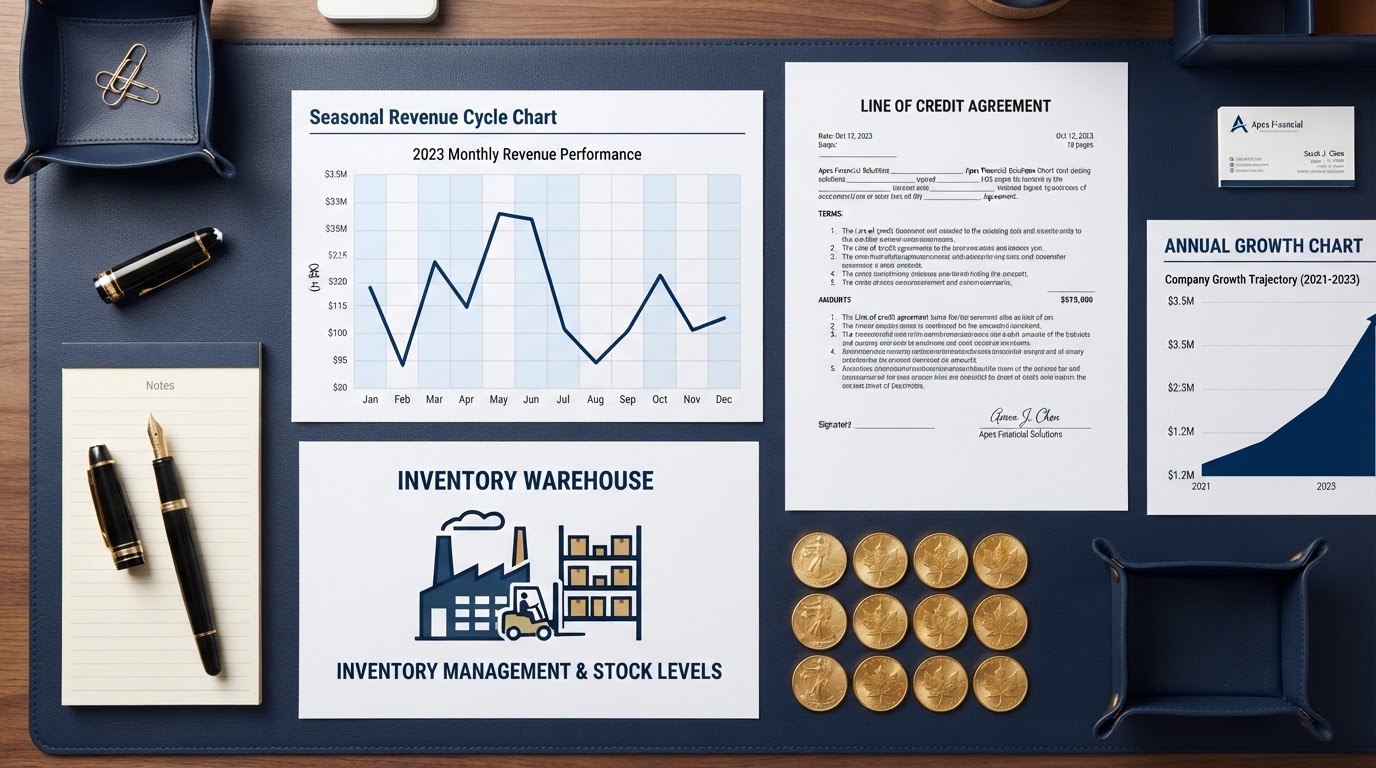 A navy blue desk with a seasonal revenue cycle chart showing peaks and valleys across months, a line of credit agreement document, an inventory warehouse icon, a gold fountain pen, stacked gold coins, and a growth chart — representing seasonal business financing.