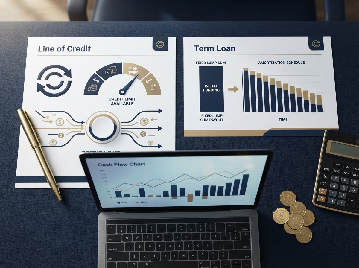 A navy desk with two financial documents side by side representing a revolving line of credit and a fixed term loan, a laptop with a cash flow chart, a gold pen, a calculator, and gold coins — representing the difference between a business line of credit and a term loan.