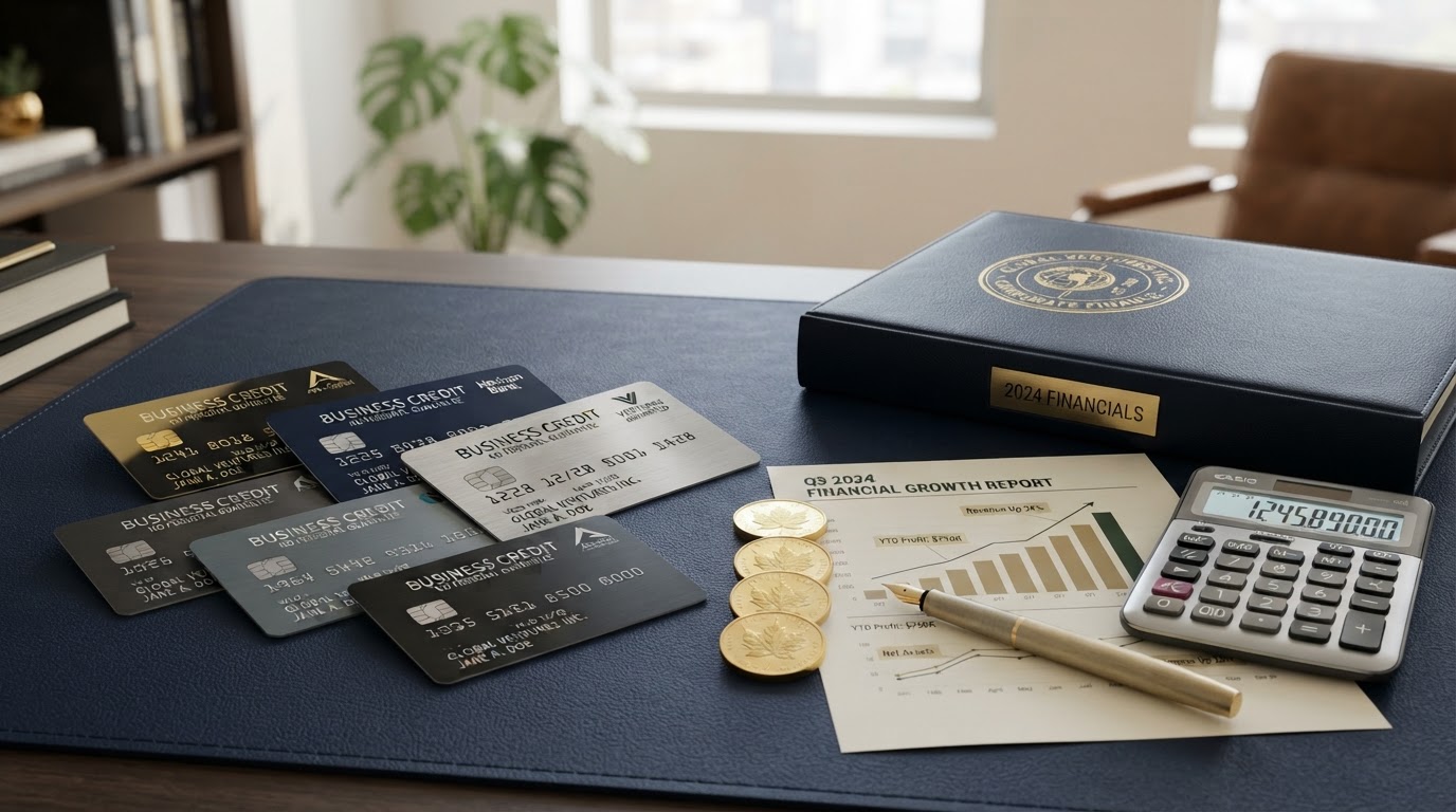 Business credit cards fanned out on a navy desk with a corporate binder, gold seal, gold coins, a growth chart, a gold pen, and a calculator — representing business credit cards without a personal guarantee.
