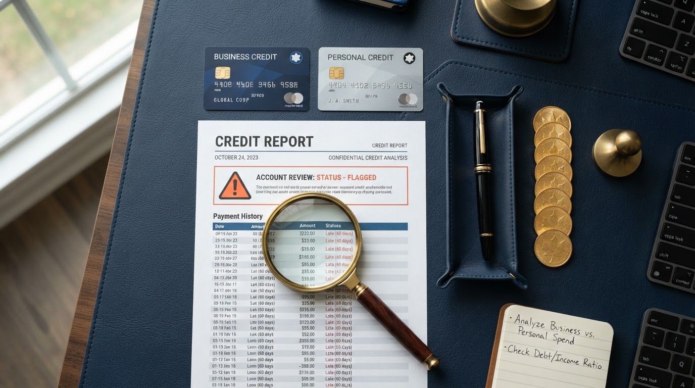 A navy blue desk with two credit cards side by side labeled BUSINESS and PERSONAL, a magnifying glass over fine print, a credit report document with a warning symbol, a gold fountain pen, and stacked gold coins — representing business credit cards that report to personal credit.