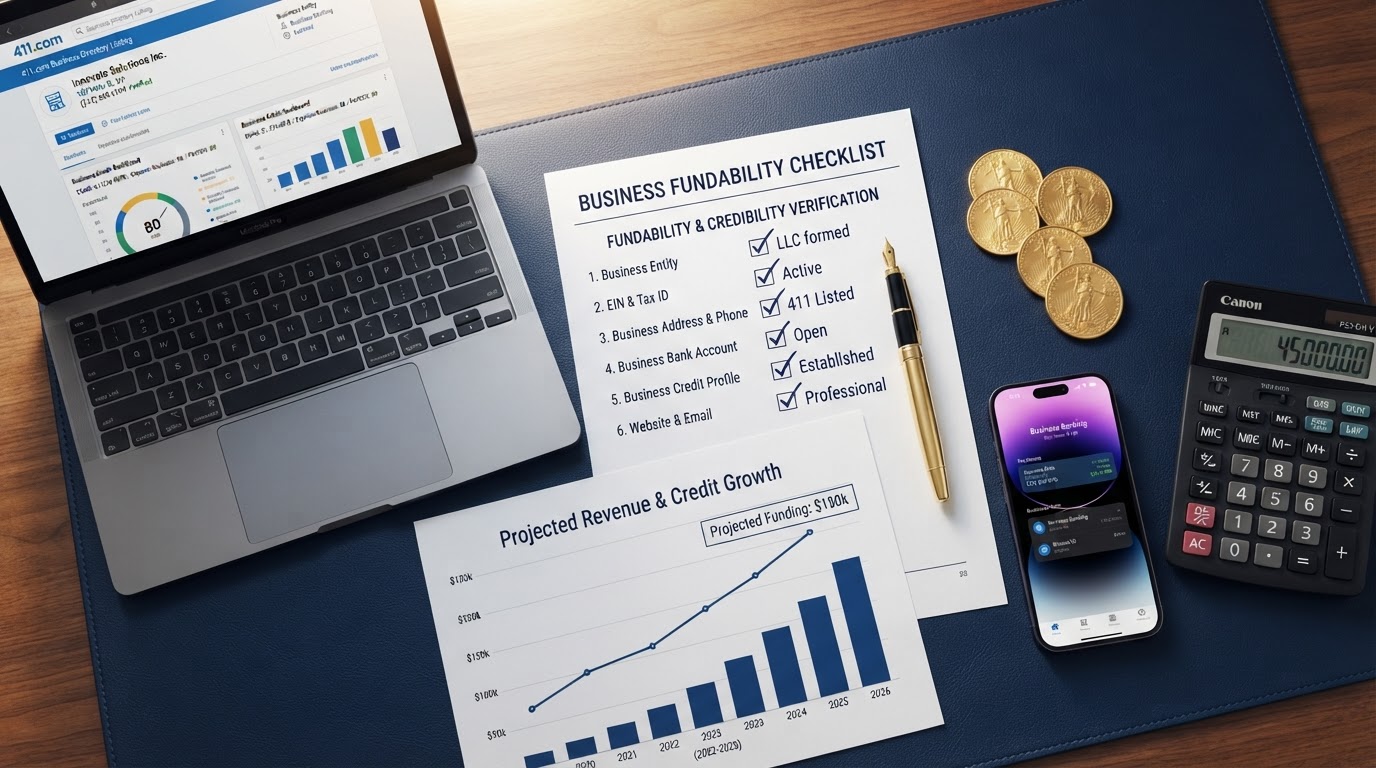 A navy blue desk with a business fundability checklist document with checkmarks, a laptop showing a 411 directory listing and a business credit bureau dashboard, a business phone, a gold fountain pen, stacked gold coins, a financial growth chart document, and a calculator — representing business fundability and credibility verification.
