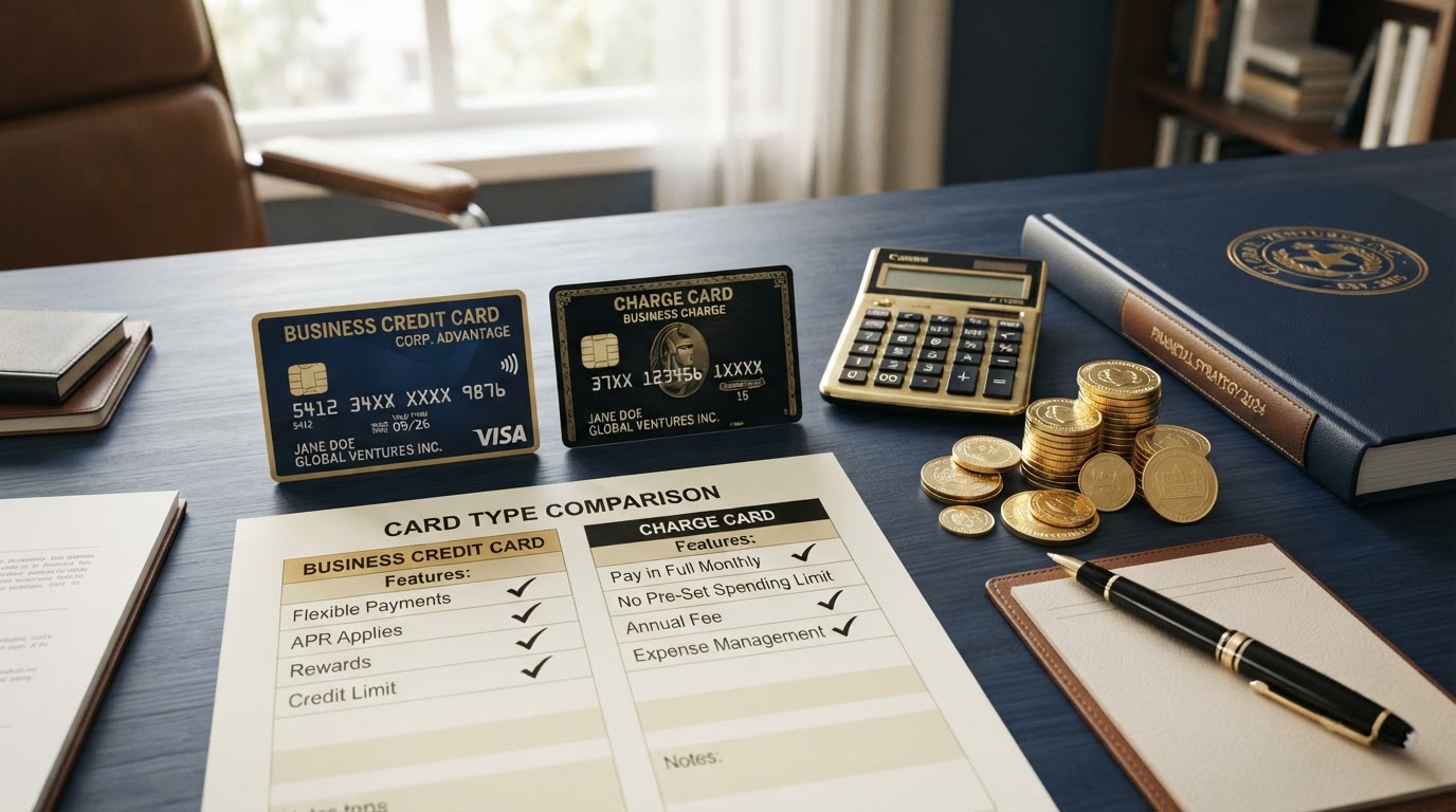 A navy desk with two credit cards side by side — one a business credit card and one a charge card — alongside a financial comparison document with checkmarks, a gold calculator, stacked gold coins, a gold pen, and a corporate binder with a gold seal — representing business charge cards versus business credit cards.