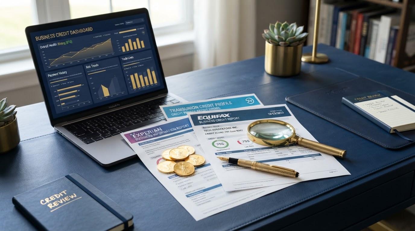Business credit monitoring on a navy desk with three credit report documents from different bureaus, a laptop showing credit score dashboards, gold coins, a gold pen, and a magnifying glass — representing business credit monitoring.