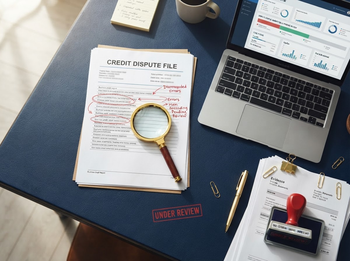 A navy desk with a business credit report document marked with red error corrections, a magnifying glass, a laptop showing an online dispute portal, an evidence paperwork stack, a gold pen, and a red under-review stamp — representing the business credit report dispute process.