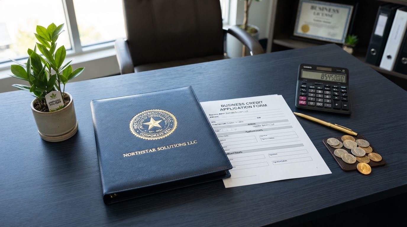 A navy desk with a newly formed LLC corporate binder with a fresh gold seal, a sprouting green plant, gold coins, a business credit application form, a gold pen, and a calculator — representing building business credit for startups.