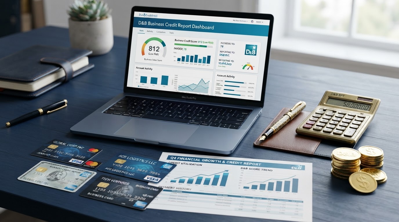 A navy blue desk with several business credit cards fanned out showing different card designs, a laptop displaying a Dun & Bradstreet credit report dashboard, gold coins, a gold fountain pen, a financial growth chart document, and a calculator — representing business credit cards that report to Dun & Bradstreet.