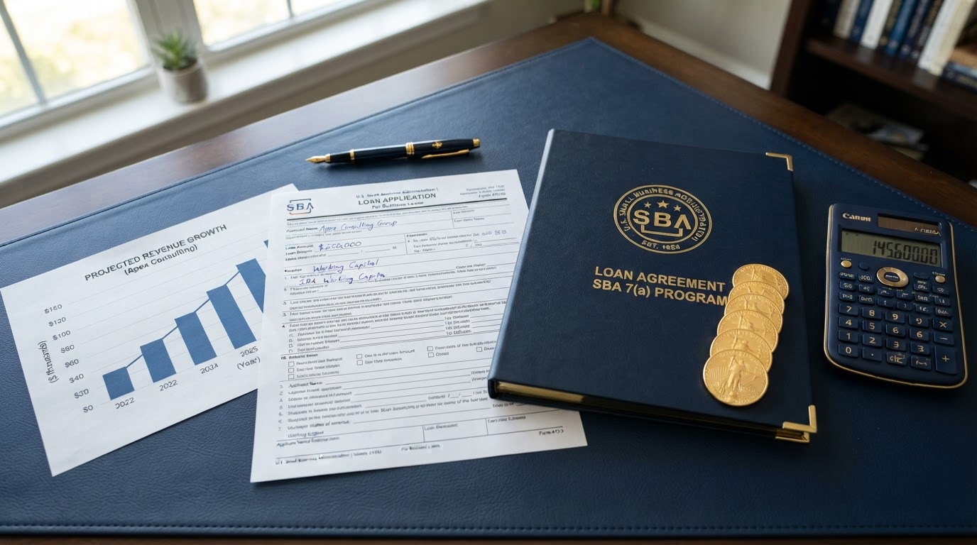 SBA loan documents on a navy desk with a loan application form, a corporate binder with a gold seal, gold coins, a financial growth chart, a gold pen, and a calculator — representing SBA loan readiness.