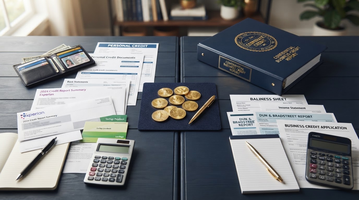 A navy desk split visually down the middle, one side showing personal credit documents and a wallet, the other side showing business credit reports and a corporate binder with gold seal, gold coins in the center, a gold pen, and a calculator — representing business credit versus personal credit.