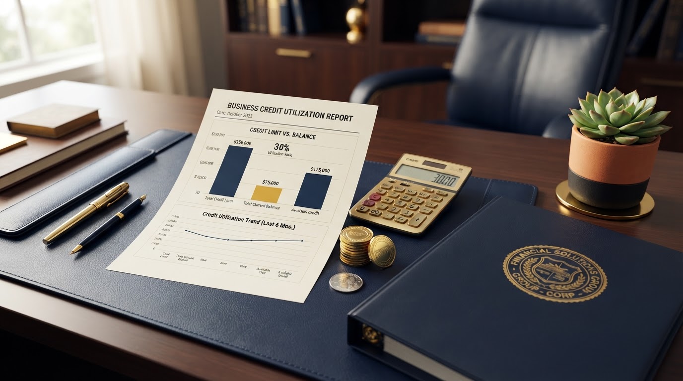 A navy desk with a financial dashboard document showing credit limits and balance bar charts, a gold calculator, stacked gold coins, a gold pen, a corporate binder with gold seal, and a small green plant — representing business credit utilization ratio.