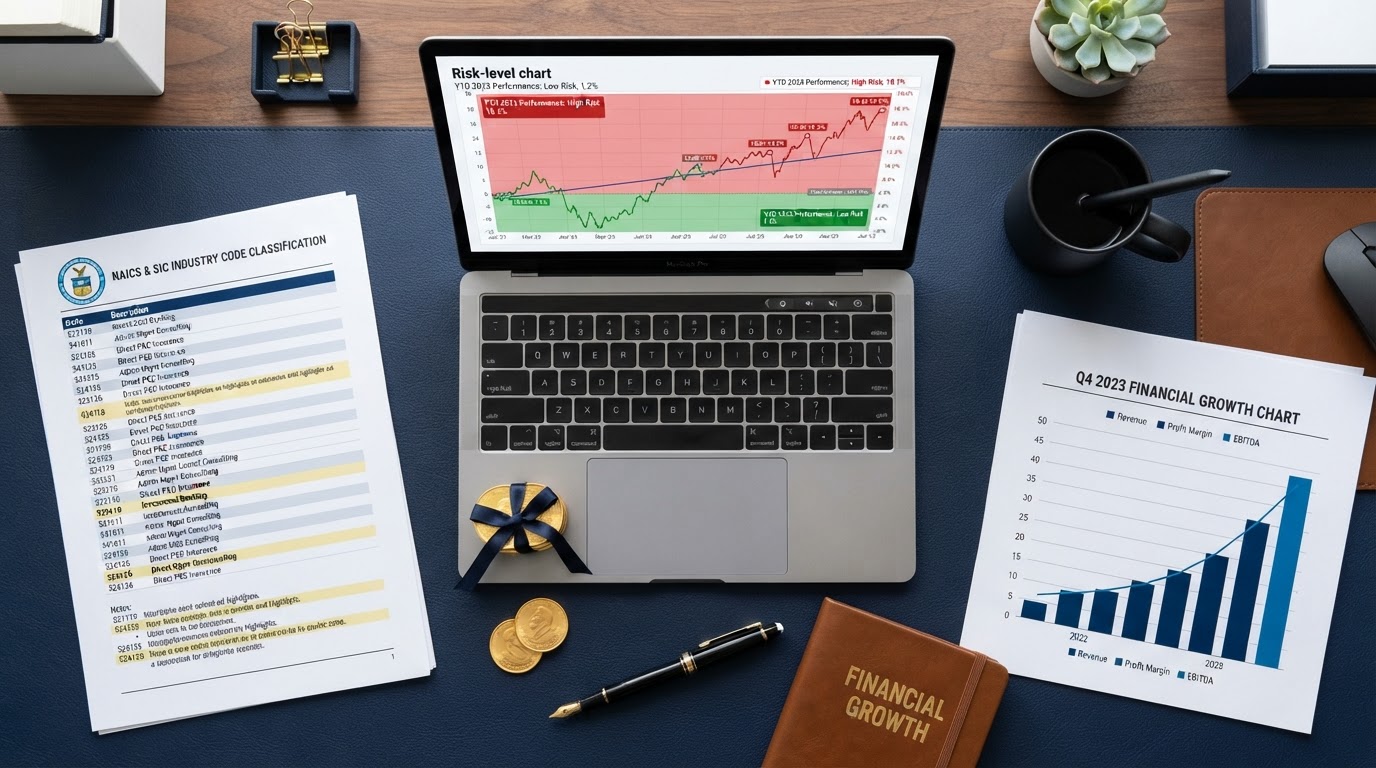 A navy blue desk with a NAICS and SIC industry code classification document, a laptop showing a risk-level chart with green low-risk and red high-risk zones, a gold fountain pen, stacked gold coins, and a financial growth chart — representing how industry codes set business credit risk.