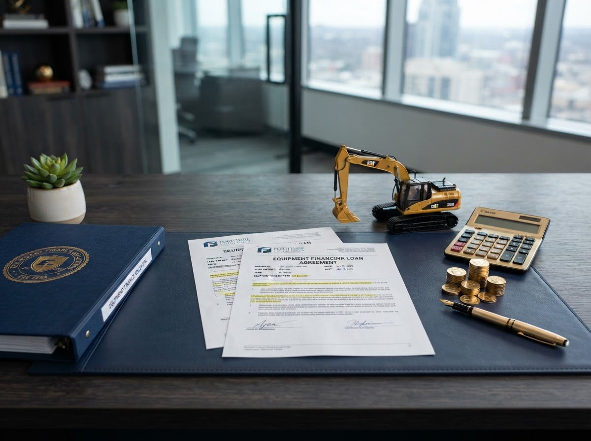 A navy desk with equipment financing loan documents, a small detailed model of industrial construction equipment like an excavator, a gold calculator, stacked gold coins, a gold pen, a corporate binder with a gold seal, and a small green plant — representing equipment financing building business credit.