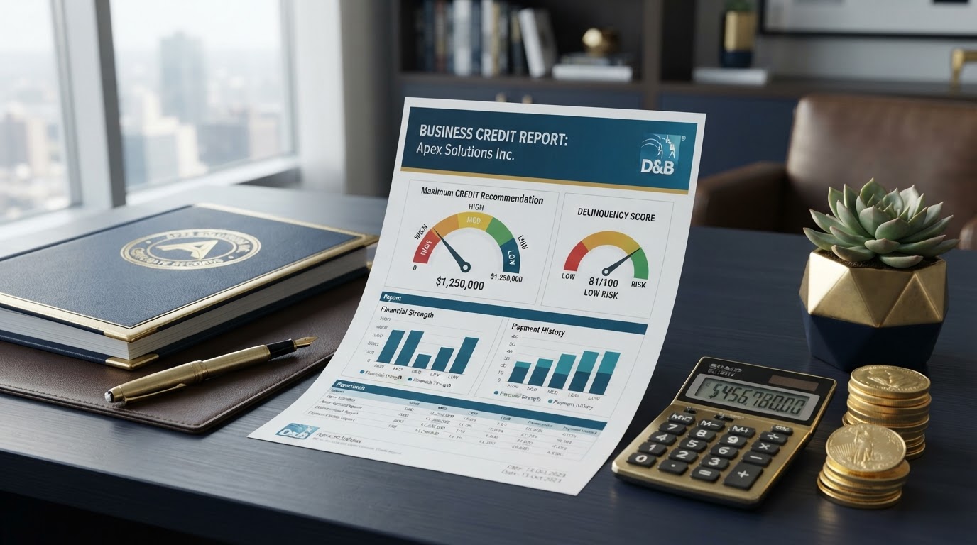 A navy desk with a detailed Dun & Bradstreet business credit report document showing a Maximum Credit Recommendation gauge and bar charts, a gold calculator, stacked gold coins, a gold pen, a corporate binder with a gold seal, and a small green plant — representing the D&B Maximum Credit Recommendation.