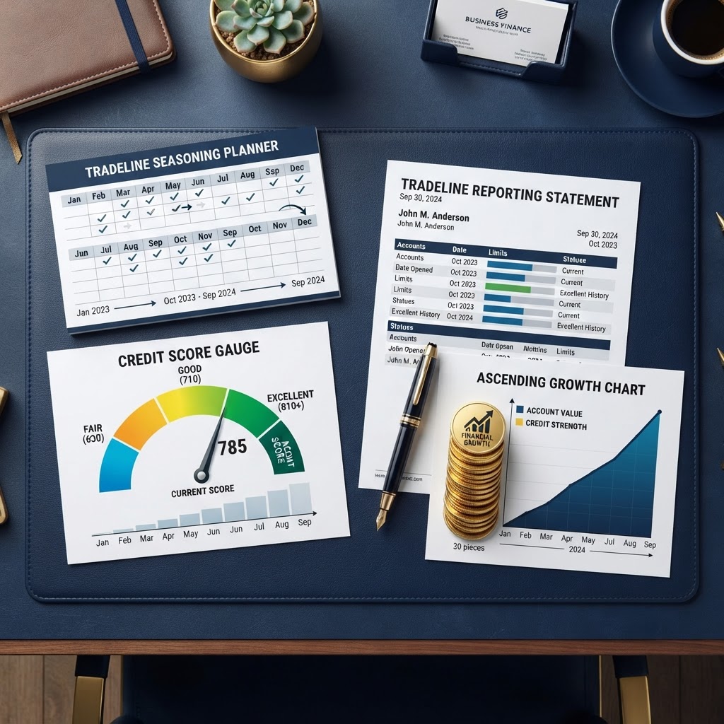 A navy blue desk with a calendar showing months of tradeline seasoning, a credit score gauge climbing over time, a tradeline reporting statement, a gold fountain pen, stacked gold coins, and an ascending growth chart — representing tradeline seasoning and the age of accounts.