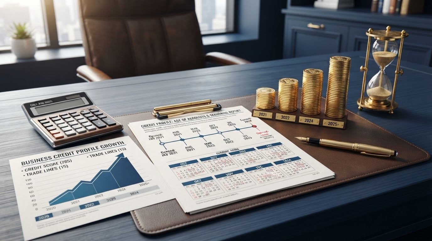 A navy desk with a business credit report document showing a timeline of account ages and a calendar spanning several months, a gold hourglass, stacked gold coins increasing in height over time, a gold fountain pen, a financial growth chart document, and a calculator — representing the age of accounts and business credit profile seasoning.