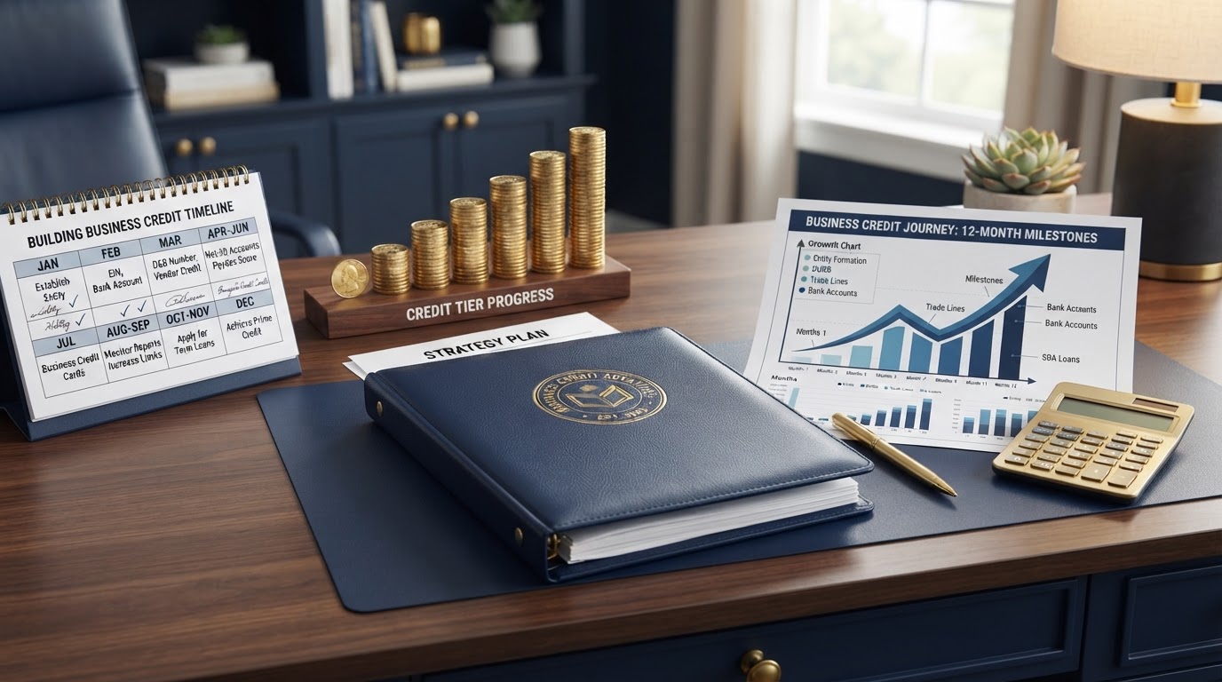 A navy desk with a timeline calendar showing months and milestones for building business credit, gold coins stacked progressively higher, a corporate binder with gold seal, a gold pen, a financial growth chart document, and a calculator — representing the timeline to build business credit.
