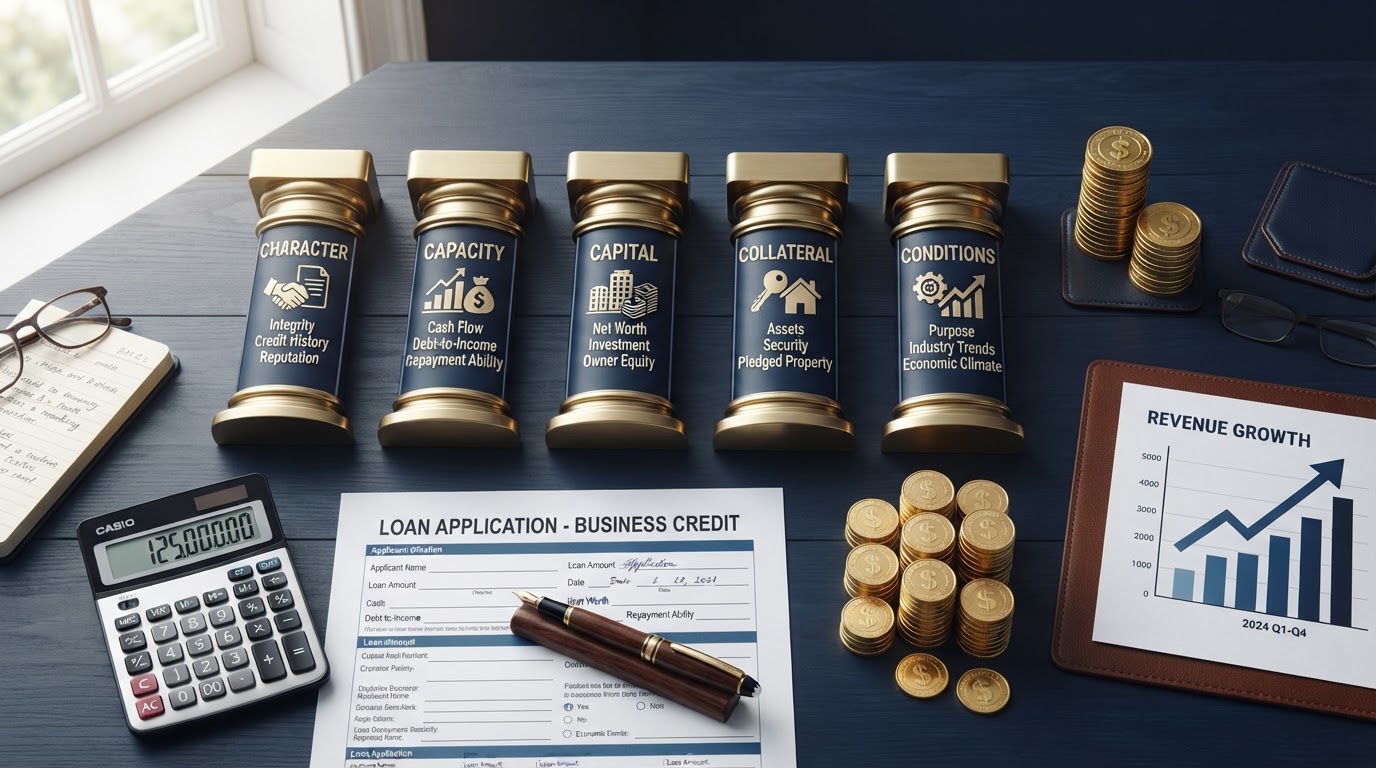 A navy blue desk with five labeled pillars representing the Five C's of Credit — Character, Capacity, Capital, Collateral, Conditions — a loan application document, a calculator, a gold fountain pen, stacked gold coins, and a financial growth chart — representing how lenders evaluate business credit.