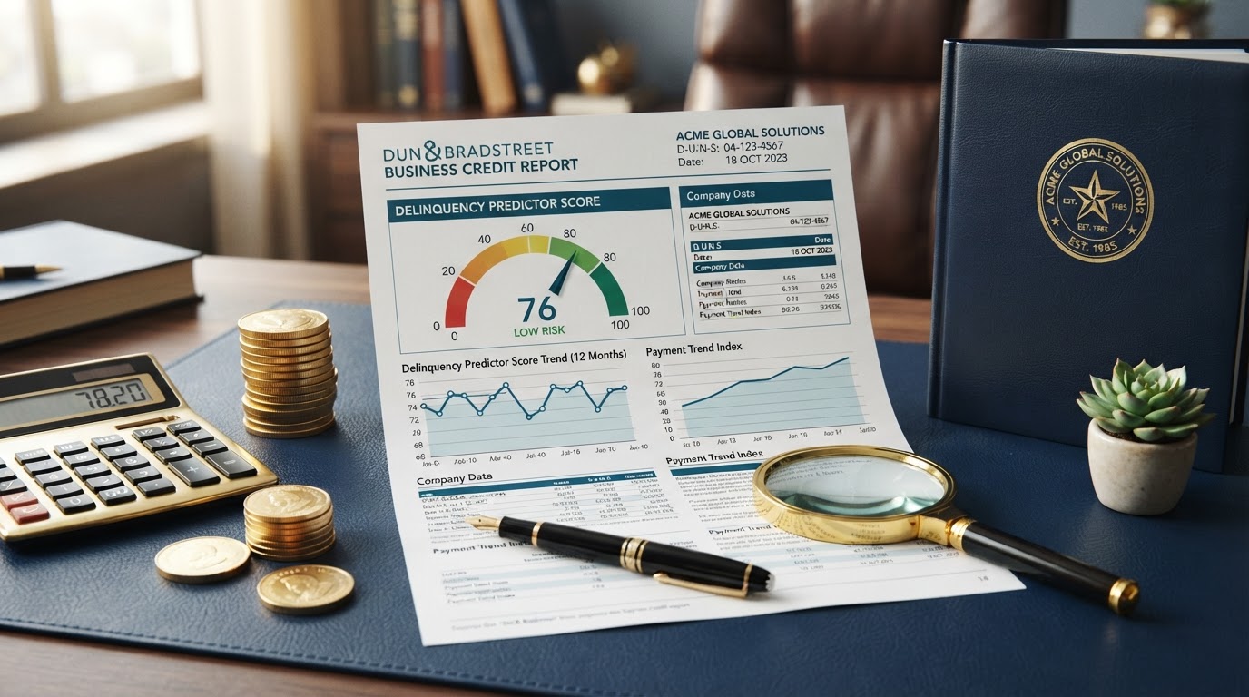A navy desk with a detailed Dun & Bradstreet business credit report document showing a Delinquency Predictor Score gauge with a 0 to 100 scale and trend charts, a gold calculator, stacked gold coins, a gold fountain pen, a corporate binder with a gold seal, a magnifying glass, and a small green plant sprouting — representing the D&B Delinquency Predictor Score.