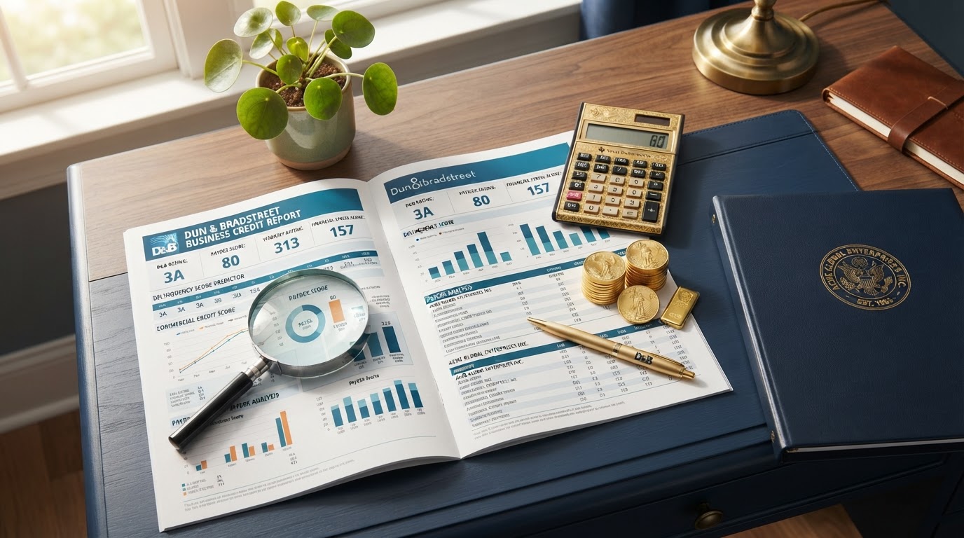 A navy desk with a detailed Dun & Bradstreet business credit report document showing score charts and graphs, a gold calculator, stacked gold coins, a gold pen, a corporate binder with a gold seal, a magnifying glass over the report, and a small green plant — representing how to read a business credit report.