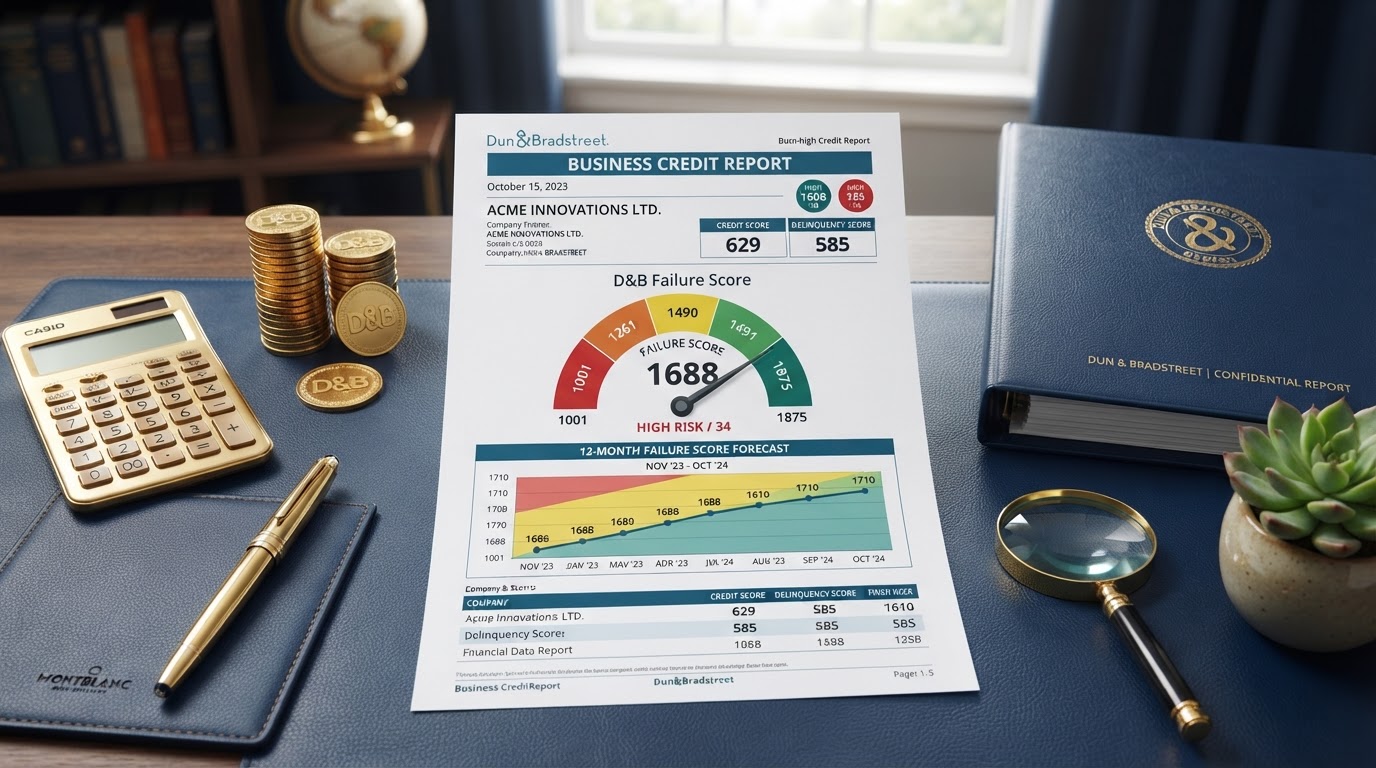A navy desk with a detailed Dun & Bradstreet business credit report document showing a Failure Score gauge with a 1001 to 1875 scale and a 12-month forecast chart, a gold calculator, stacked gold coins, a gold fountain pen, a corporate binder with a gold seal, a magnifying glass, and a small green plant sprouting — representing the D&B Failure Score.