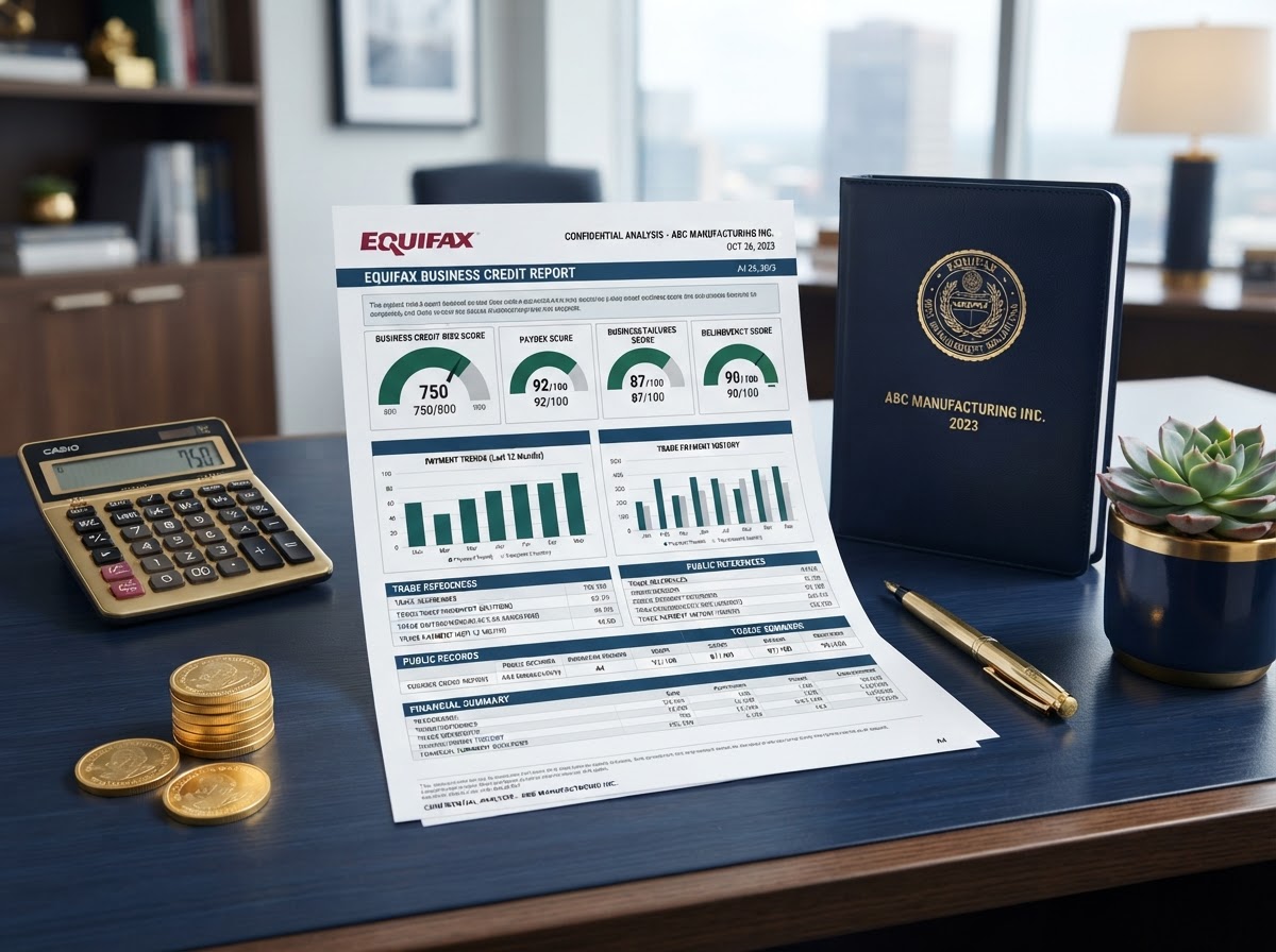 A navy desk with a detailed Equifax business credit report document showing multiple score gauges and charts, a gold calculator, stacked gold coins, a gold pen, a corporate binder with a gold seal, and a small green plant — representing Equifax business credit risk scores.
