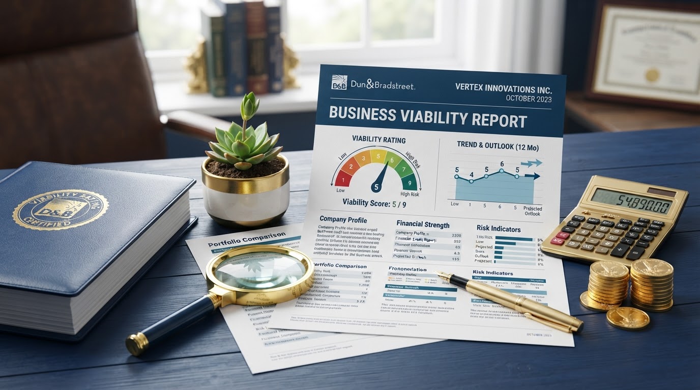 A navy desk with a detailed Dun & Bradstreet business credit report document showing a Viability Rating gauge with a 1 to 9 scale and a 12-month outlook chart, a gold calculator, stacked gold coins, a gold fountain pen, a corporate binder with a gold seal, a magnifying glass, and a small green plant sprouting — representing the D&B Viability Rating.