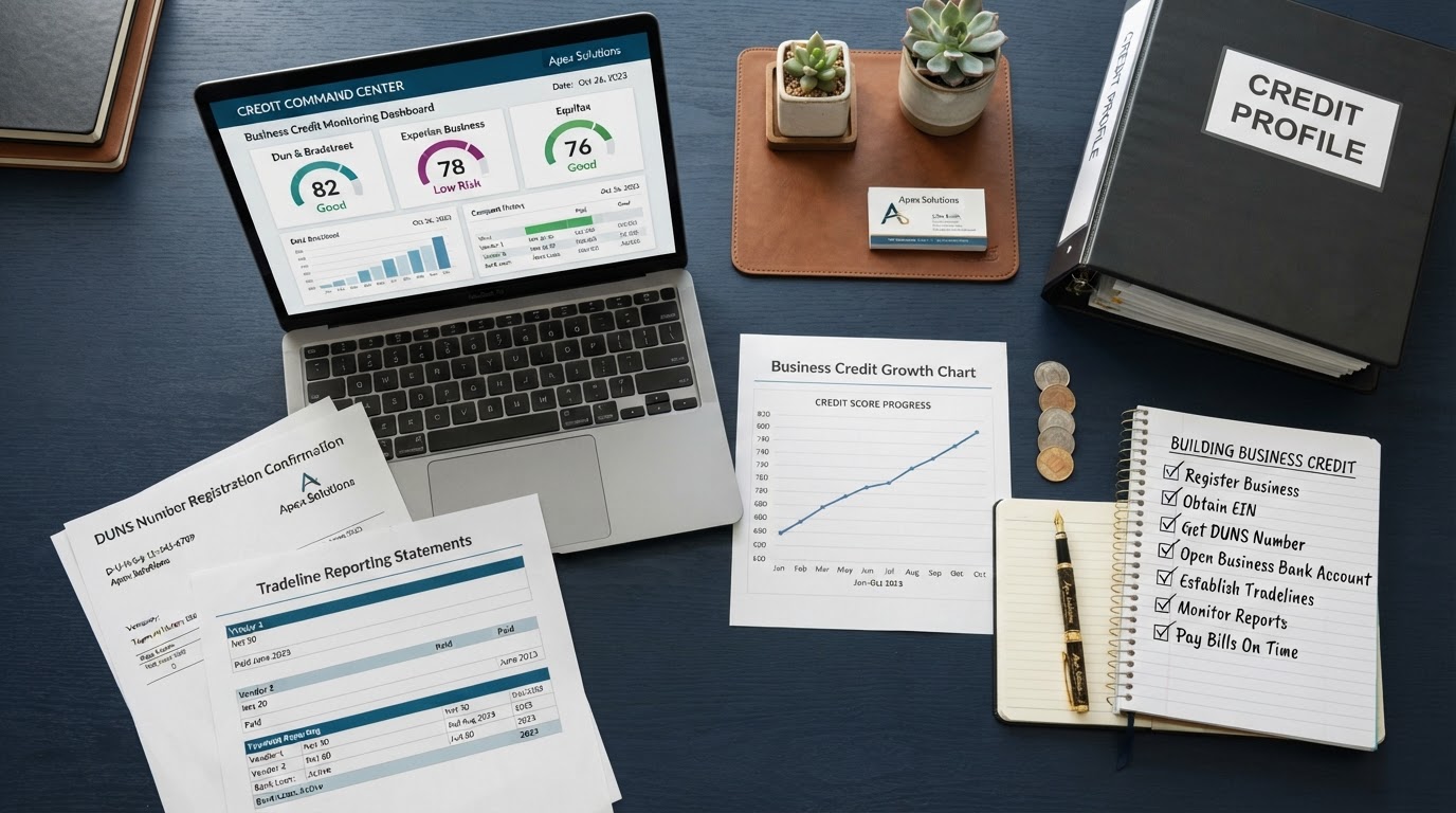 A navy blue desk with a laptop showing a business credit monitoring dashboard with three bureau score gauges, a stack of tradeline reporting statements, a DUNS number registration confirmation document, a gold pen, gold coins beside an ascending growth chart, a binder labeled CREDIT PROFILE, and a checklist with checkmarks — representing what a business credit building service does for a profile.