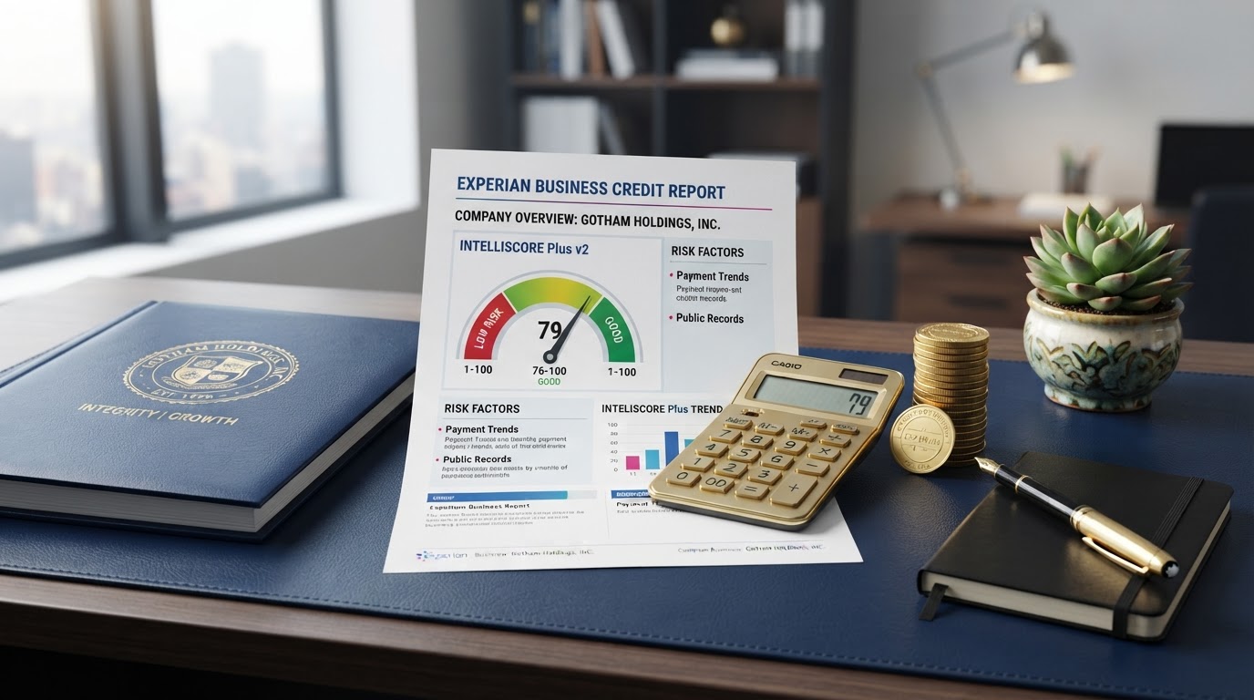 A navy desk with an Experian business credit report document showing the Intelliscore Plus score gauge and charts, a gold calculator, stacked gold coins, a gold pen, a corporate binder with a gold seal, and a small green plant — representing the Experian Intelliscore Plus business credit score.