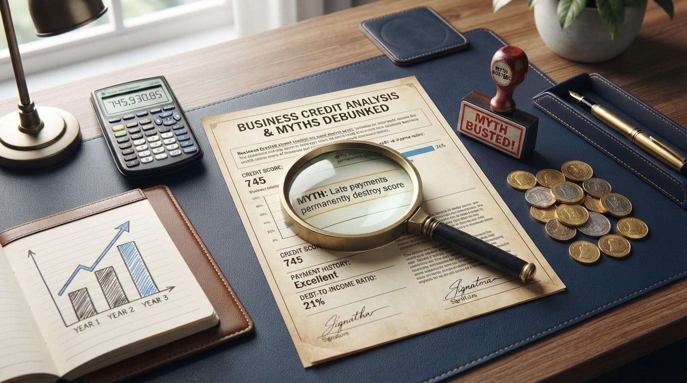 A navy desk with a magnifying glass over a business credit report revealing hidden myths, gold coins, a gold fountain pen, a red myth-busted stamp, a financial growth chart, and a calculator — representing business credit myths debunked.