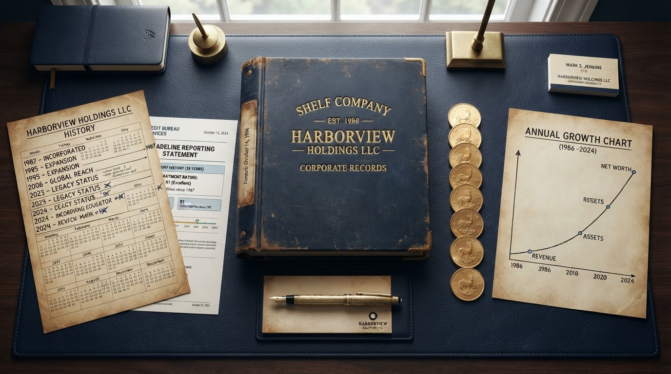 A navy blue desk with an aged shelf company binder showing an old formation date, a calendar showing years of history, a tradeline reporting statement, a gold fountain pen, stacked gold coins, and a growth chart — representing aged shelf companies and business credit.