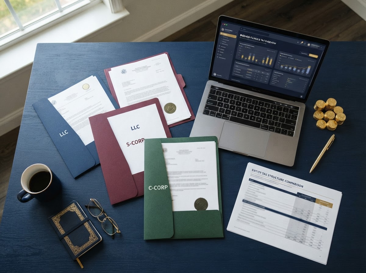 A navy desk with three business entity formation certificates fanned out representing LLC, S-Corp, and C-Corp structures, a corporate seal stamp, a laptop showing a state filings dashboard, a gold pen, gold coins, and a tax structure comparison chart — representing how business entity structure affects business credit building.