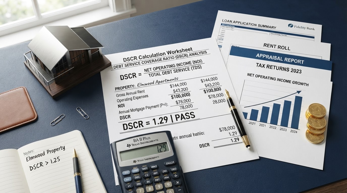 A navy blue desk with a DSCR loan calculation worksheet showing a property's rental income divided by mortgage payment, a calculator, a small modern house model, financial documents, a gold fountain pen, and stacked gold coins beside an ascending growth chart — representing DSCR loans for real estate investors.