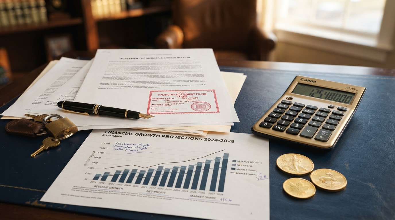 A stack of legal corporate documents with a red UCC-1 filing stamp, a gold fountain pen, a brass padlock, gold coins, a financial growth chart document, and a calculator on a navy desk — representing UCC-1 filings and business credit.