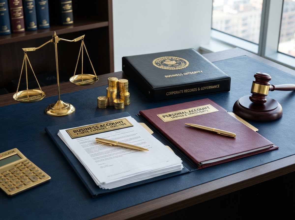 A navy desk with two separate financial account documents side by side clearly labeled business and personal, a gold balance scale, a gold calculator, stacked gold coins, a gold pen, a corporate binder with a gold seal, and a legal gavel — representing keeping business and personal funds separate and protecting the corporate veil.
