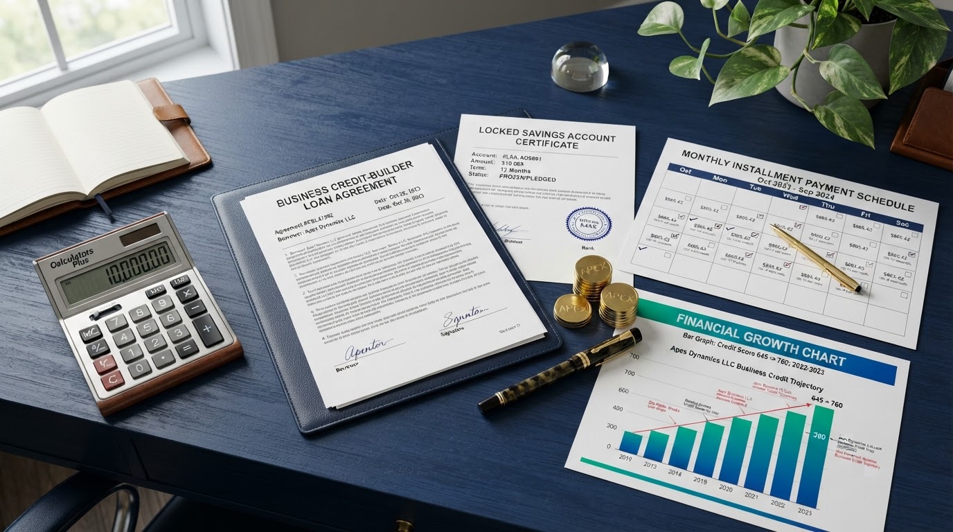 A navy desk with a credit-builder loan agreement document, a locked savings account certificate, a payment schedule calendar showing monthly installments, gold coins, a gold fountain pen, a financial growth chart document, and a calculator — representing a business credit-builder loan.
