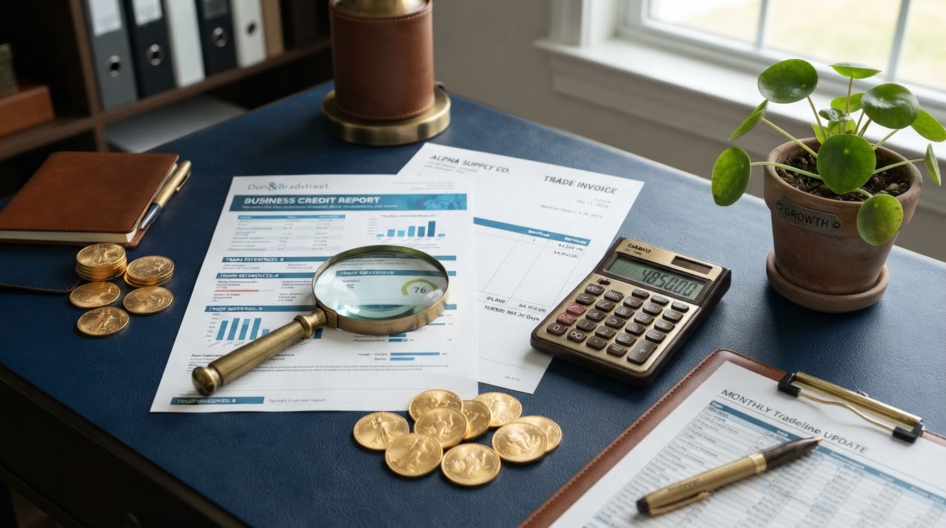 Tradeline reporting documents on a navy desk with Net-30 invoices, a magnifying glass over a credit report, gold coins, a calculator, and a small green plant — representing tradelines reporting to business credit bureaus.