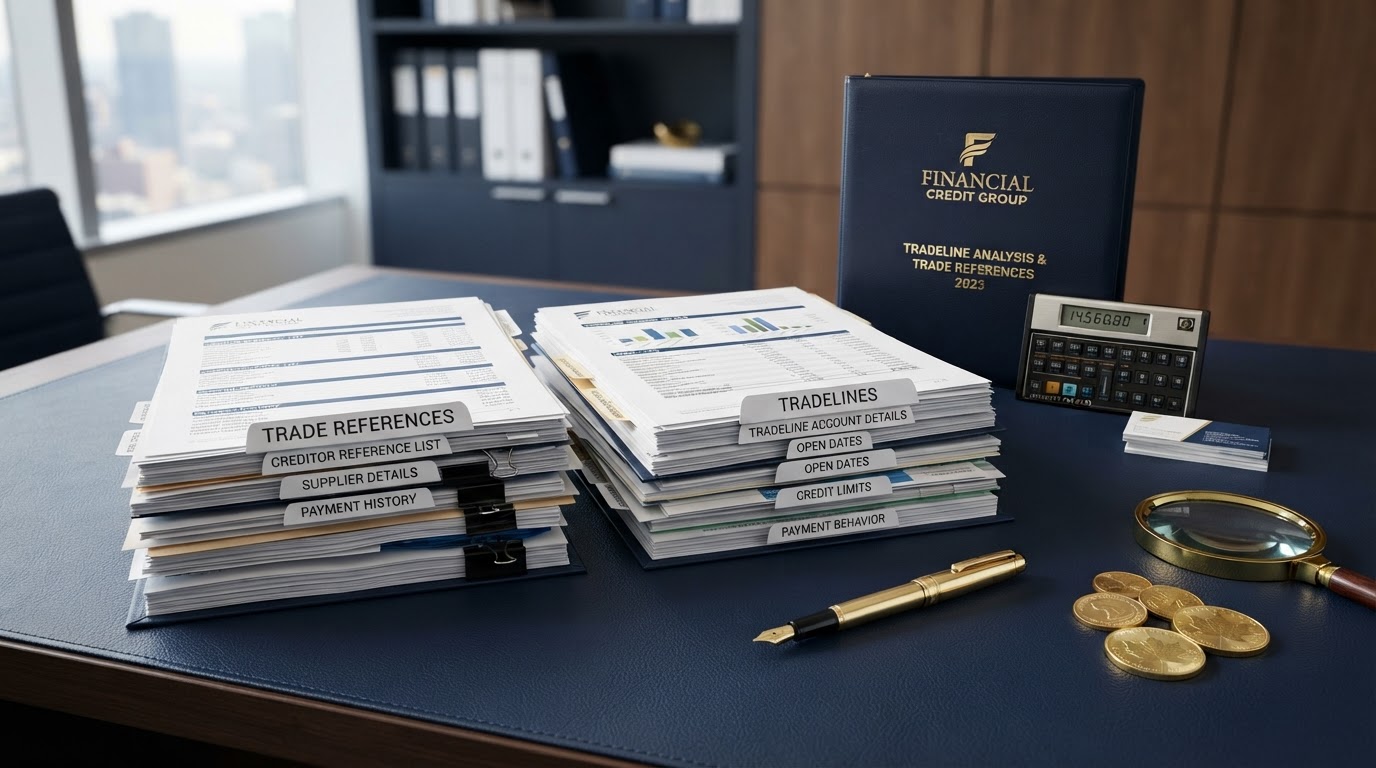 A navy desk with two stacks of business documents side by side representing trade references and tradelines, a gold pen, gold coins, a magnifying glass, a corporate binder, and a calculator — representing trade references versus tradelines in business credit.
