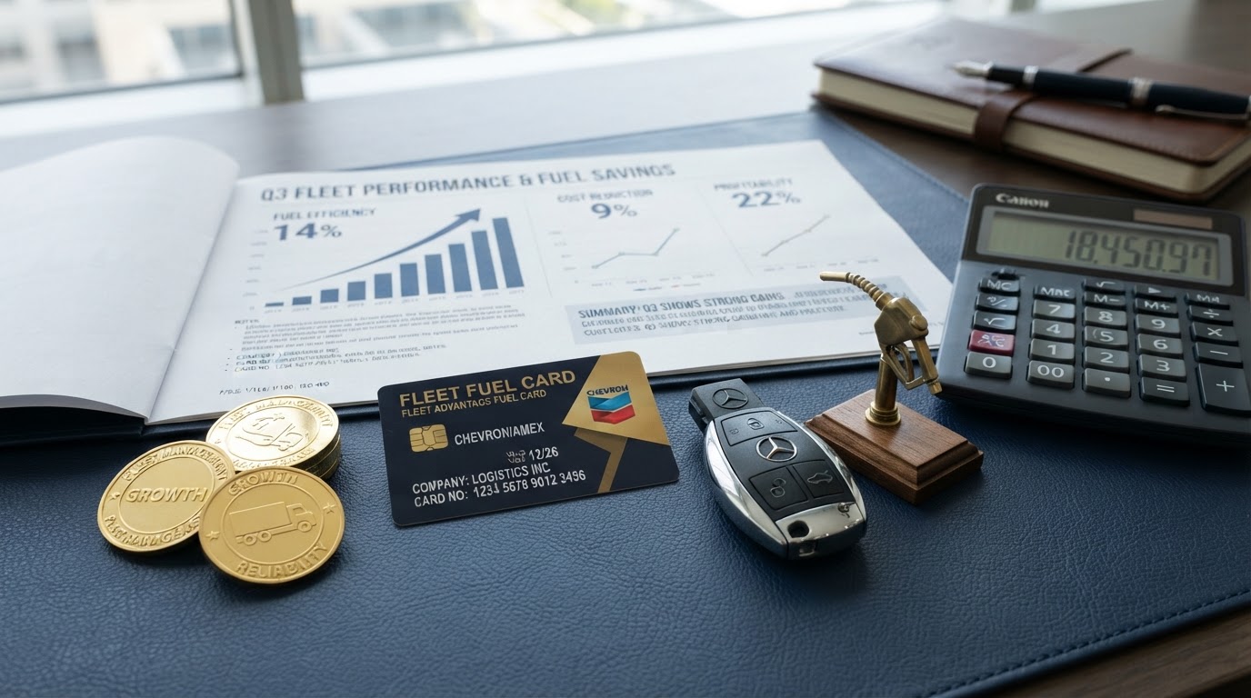 A fleet fuel card on a navy desk with a truck key fob, a fuel pump graphic, gold coins, a financial growth chart document, and a calculator — representing fleet and fuel cards as Tier 3 business credit.