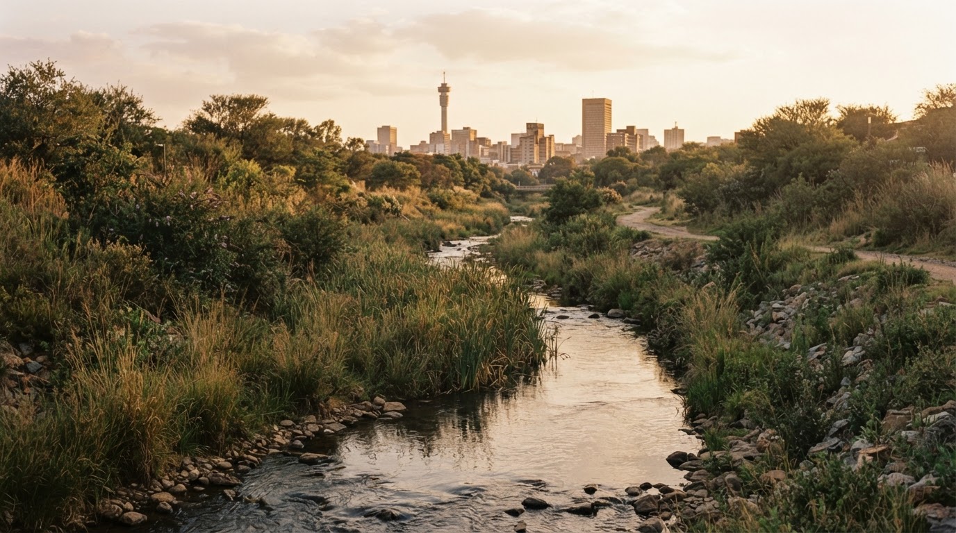 Urban Johannesburg river corridor at golden hour