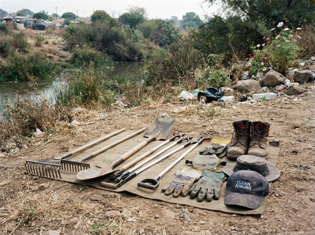 Clean-up tools and PPE laid out on a Johannesburg riverbank